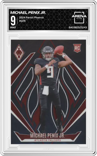 Michael Penix Jr. from the 2024 Panini Phoenix set graded by Arena Club and given an overall grade of 9.