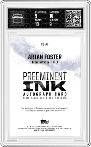 Arian Foster from the 2024 Topps Signature Class set graded by Arena Club and given an overall grade of 9.5.