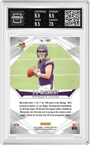 J.J. McCarthy from the 2024 Panini Phoenix set graded by Arena Club and given an overall grade of 8.