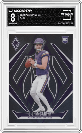 J.J. McCarthy from the 2024 Panini Phoenix set graded by Arena Club and given an overall grade of 8.