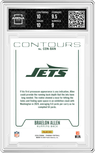 Braelon Allen from the 2024 Panini Phoenix set graded by Arena Club and given an overall grade of 9.5.