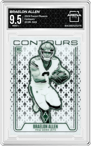 Braelon Allen from the 2024 Panini Phoenix set graded by Arena Club and given an overall grade of 9.5.