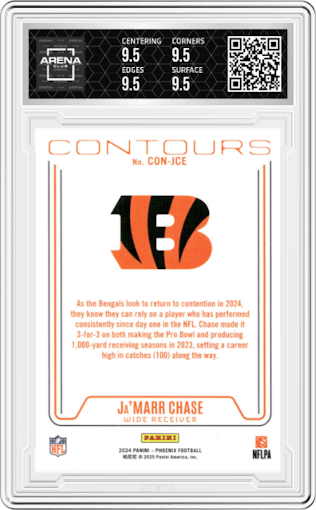 Ja’Marr Chase from the 2024 Panini Phoenix set graded by Arena Club and given an overall grade of 9.5.