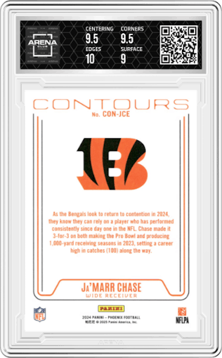 Ja’Marr Chase from the 2024 Panini Phoenix set graded by Arena Club and given an overall grade of 9.5.