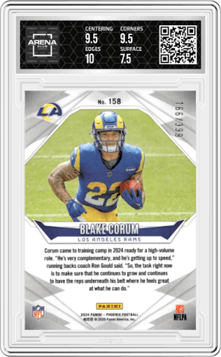 Blake Corum from the 2024 Panini Phoenix set featuring a Phoenix parallel graded by Arena Club and given an overall grade of 8.