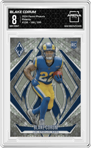 Blake Corum from the 2024 Panini Phoenix set featuring a Phoenix parallel graded by Arena Club and given an overall grade of 8.