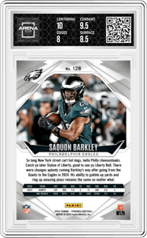 Saquon Barkley  from the 2024 Panini Phoenix set featuring a Lazer parallel graded by Arena Club and given an overall grade of 8.5.