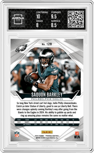 Saquon Barkley  from the 2024 Panini Phoenix set featuring a Lazer parallel graded by Arena Club and given an overall grade of 8.5.