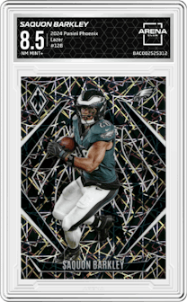 Saquon Barkley  from the 2024 Panini Phoenix set featuring a Lazer parallel graded by Arena Club and given an overall grade of 8.5.