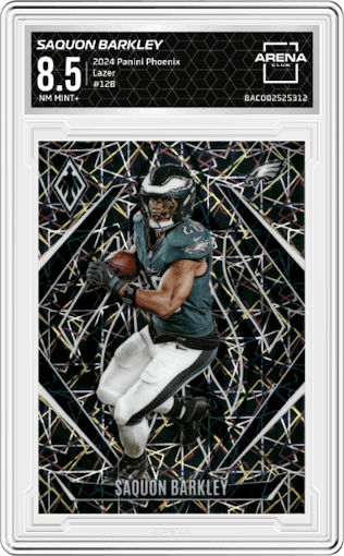 Saquon Barkley  from the 2024 Panini Phoenix set featuring a Lazer parallel graded by Arena Club and given an overall grade of 8.5.