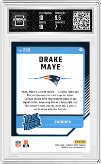 Drake Maye from the 2024 Donruss Optic set graded by Arena Club and given an overall grade of 7.5.