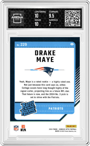 Drake Maye from the 2024 Donruss Optic set graded by Arena Club and given an overall grade of 7.5.