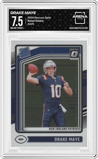 Drake Maye from the 2024 Donruss Optic set graded by Arena Club and given an overall grade of 7.5.