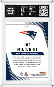 Joe Milton from the 2024 Donruss Optic set graded by Arena Club and given an overall grade of 8.5.