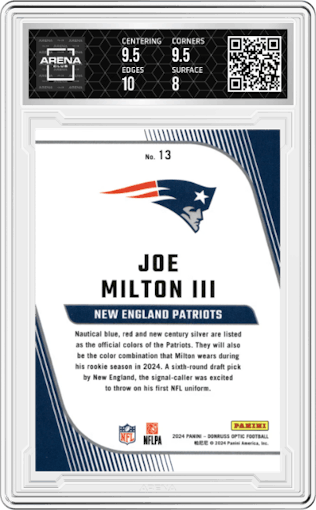 Joe Milton from the 2024 Donruss Optic set graded by Arena Club and given an overall grade of 8.5.