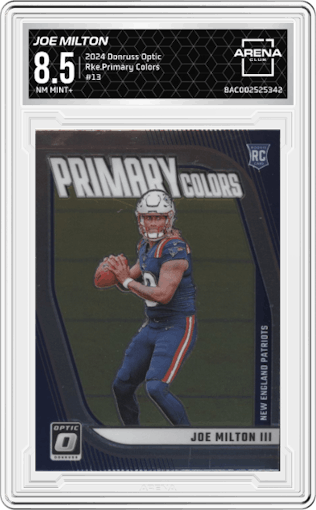 Joe Milton from the 2024 Donruss Optic set graded by Arena Club and given an overall grade of 8.5.