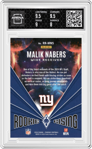 Malik Nabers from the 2024 Panini Phoenix set graded by Arena Club and given an overall grade of 8.5.