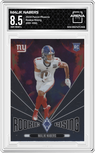 Malik Nabers from the 2024 Panini Phoenix set graded by Arena Club and given an overall grade of 8.5.