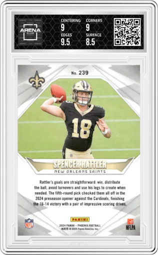 Spencer Rattler  from the 2024 Panini Phoenix set graded by Arena Club and given an overall grade of 9.