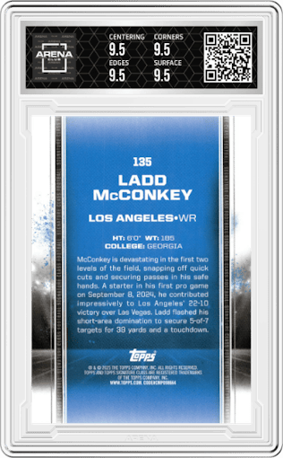 Ladd McConkey from the 2024 Topps Signature Class set graded by Arena Club and given an overall grade of 9.5.