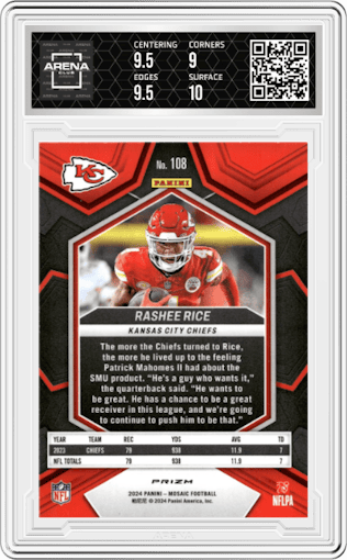 Rashee Rice from the 2024 Panini Mosaic set featuring a Genesis parallel graded by Arena Club and given an overall grade of 9.5.