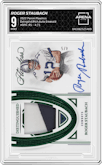 Roger Staubach from the 2022 Panini Flawless set featuring a Emerald parallel graded by Arena Club and given an overall grade of 9.