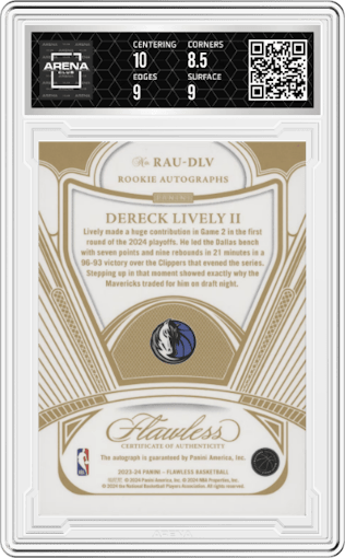 Dereck Lively II from the 2023-24 Panini Flawless set featuring a Blue parallel graded by Arena Club and given an overall grade of 9.