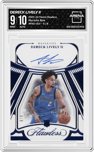 Dereck Lively II from the 2023-24 Panini Flawless set featuring a Blue parallel graded by Arena Club and given an overall grade of 9.