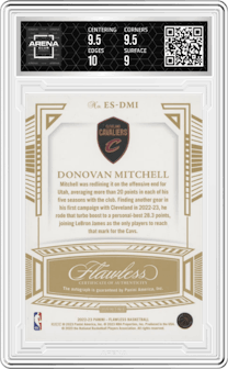 Donovan Mitchell from the 2023-24 Panini Flawless set featuring a Blue parallel graded by Arena Club and given an overall grade of 9.5.