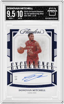Donovan Mitchell from the 2023-24 Panini Flawless set featuring a Blue parallel graded by Arena Club and given an overall grade of 9.5.