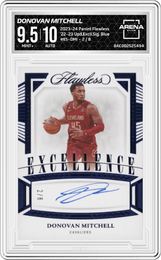 Donovan Mitchell from the 2023-24 Panini Flawless set featuring a Blue parallel graded by Arena Club and given an overall grade of 9.5.