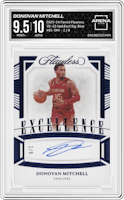 Donovan Mitchell from the 2023-24 Panini Flawless set featuring a Blue parallel graded by Arena Club and given an overall grade of 9.5.