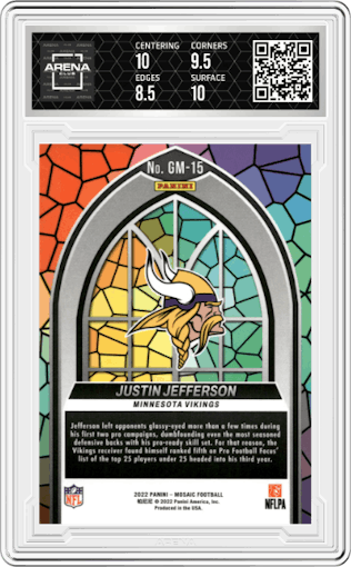 Justin Jefferson from the 2022 Panini Mosaic set graded by Arena Club and given an overall grade of 9.