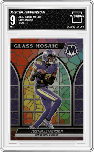 Justin Jefferson from the 2022 Panini Mosaic set graded by Arena Club and given an overall grade of 9.