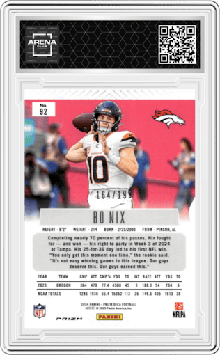 Bo Nix from the 2024 Panini Prizm Deca set featuring a Red Prizm parallel graded by Arena Club.
