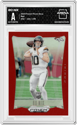 Bo Nix from the 2024 Panini Prizm Deca set featuring a Red Prizm parallel graded by Arena Club.