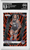 Devin Carter from the 2024-25 Panini Prizm set featuring a Choice Tiger Stripe parallel graded by Arena Club and given an overall grade of 9.5.