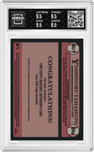 Yoshinobu Yamamoto from the 2024 Topps  set graded by Arena Club and given an overall grade of 9.