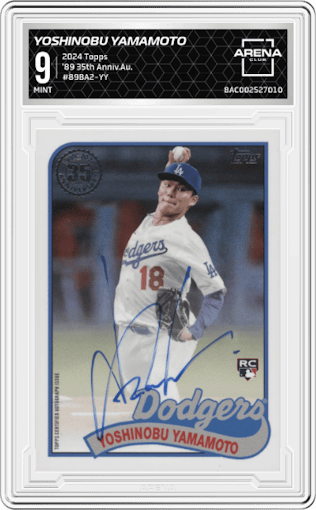 Yoshinobu Yamamoto from the 2024 Topps  set graded by Arena Club and given an overall grade of 9.