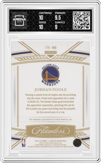 Jordan Poole from the 2022-23 Panini Flawless set featuring a Emerald parallel graded by Arena Club and given an overall grade of 9.5.