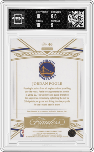 Jordan Poole from the 2022-23 Panini Flawless set featuring a Emerald parallel graded by Arena Club and given an overall grade of 9.5.