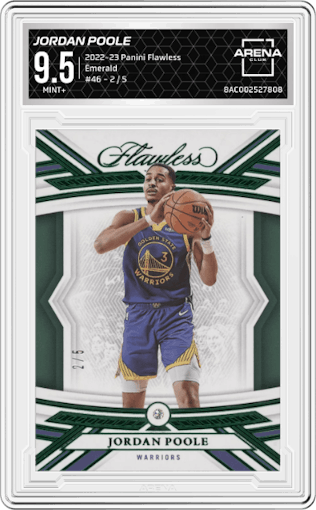 Jordan Poole from the 2022-23 Panini Flawless set featuring a Emerald parallel graded by Arena Club and given an overall grade of 9.5.