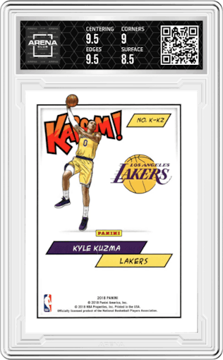 Kyle Kuzma from the 2018 Panini Kaboom Rewards Multi-Sport set graded by Arena Club and given an overall grade of 9.