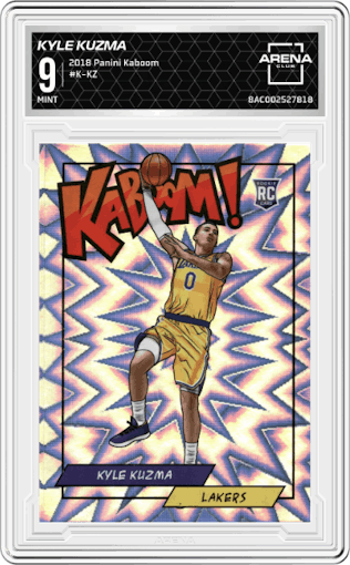 Kyle Kuzma from the 2018 Panini Kaboom Rewards Multi-Sport set graded by Arena Club and given an overall grade of 9.