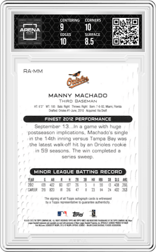 Manny Machado from the 2013 Topps Finest set graded by Arena Club and given an overall grade of 9.