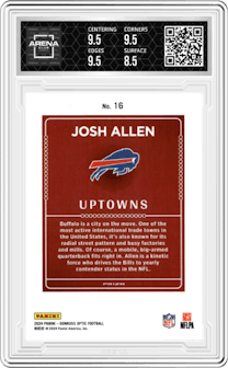 Josh Allen from the 2024 Donruss Optic set graded by Arena Club and given an overall grade of 9.