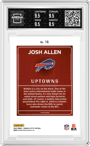 Josh Allen from the 2024 Donruss Optic set graded by Arena Club and given an overall grade of 9.