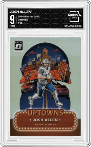 Josh Allen from the 2024 Donruss Optic set graded by Arena Club and given an overall grade of 9.