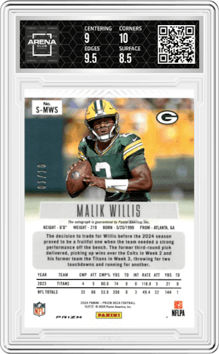 Malik Willis from the 2024 Panini Prizm Deca set featuring a Gold Shimmer Prizm FOTL parallel graded by Arena Club and given an overall grade of 9.