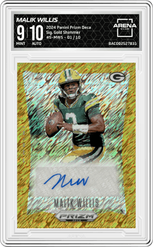 Malik Willis from the 2024 Panini Prizm Deca set featuring a Gold Shimmer Prizm FOTL parallel graded by Arena Club and given an overall grade of 9.